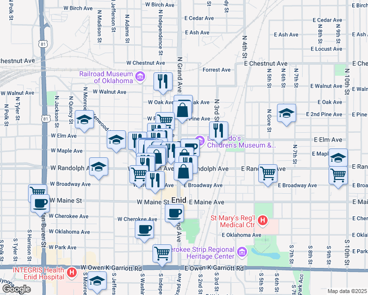 map of restaurants, bars, coffee shops, grocery stores, and more near 309 North Grand Avenue in Enid