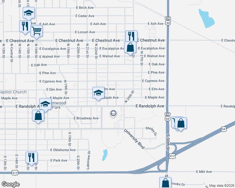 map of restaurants, bars, coffee shops, grocery stores, and more near 2402 East Maple Avenue in Enid