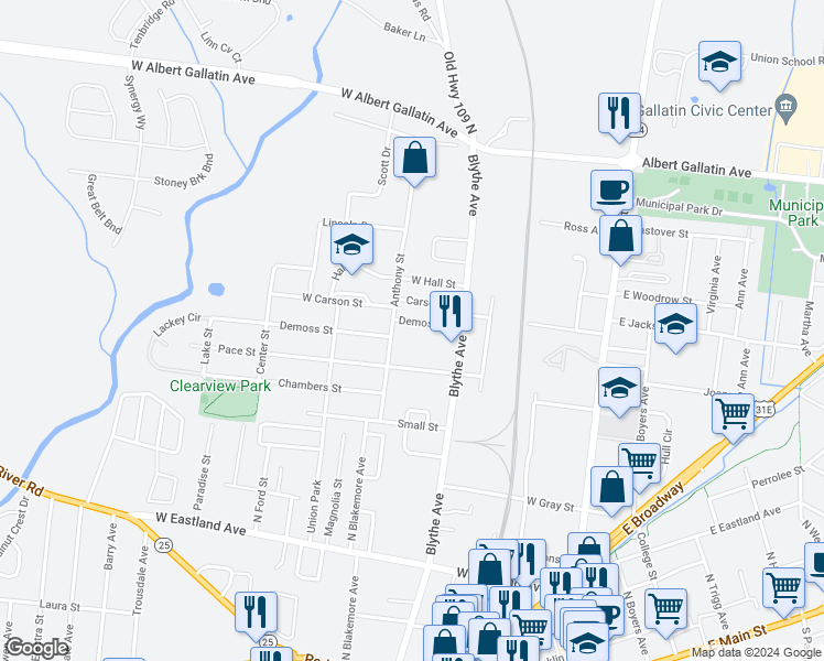 map of restaurants, bars, coffee shops, grocery stores, and more near 429 Demoss Street in Gallatin