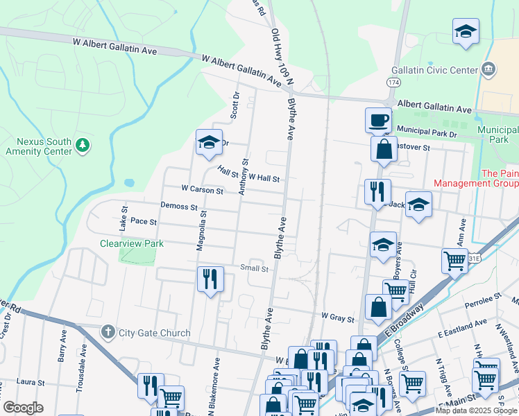 map of restaurants, bars, coffee shops, grocery stores, and more near 413 Demoss Street in Gallatin