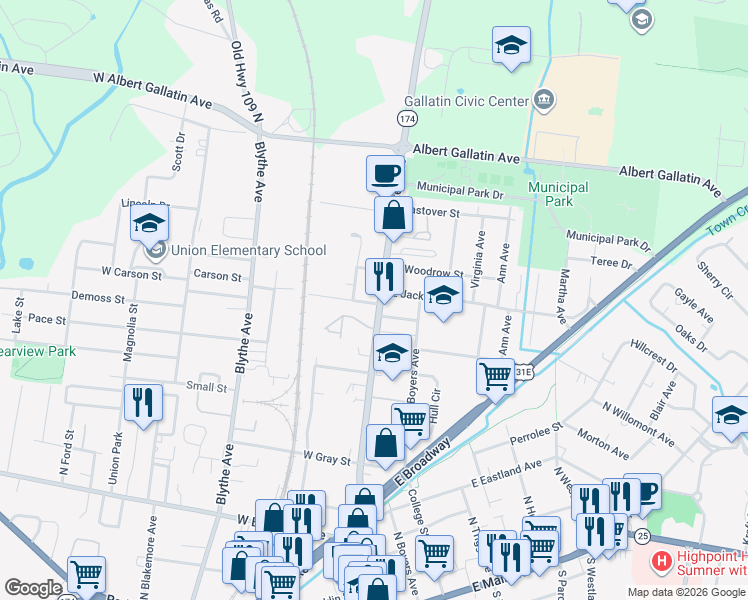 map of restaurants, bars, coffee shops, grocery stores, and more near 636 North Water Avenue in Gallatin