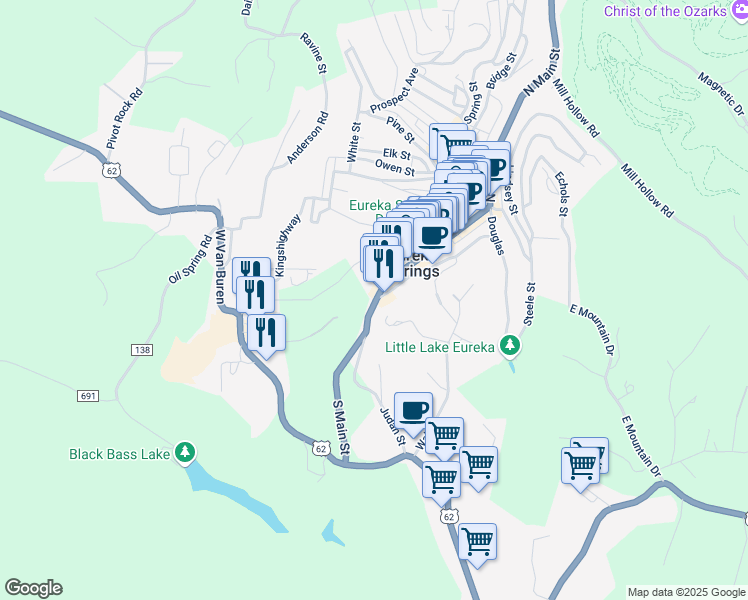 map of restaurants, bars, coffee shops, grocery stores, and more near 95 Arkansas 23 in Eureka Springs