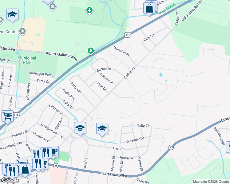 map of restaurants, bars, coffee shops, grocery stores, and more near 829 East Main Street in Gallatin