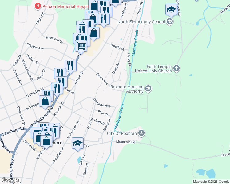 map of restaurants, bars, coffee shops, grocery stores, and more near 423 Broad Street in Roxboro
