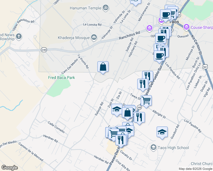 map of restaurants, bars, coffee shops, grocery stores, and more near 322 North Trapper Road in Taos