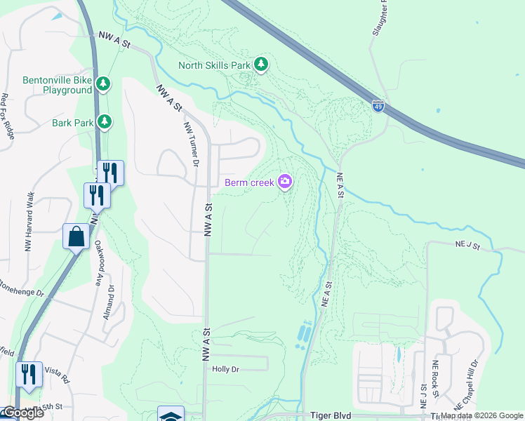 map of restaurants, bars, coffee shops, grocery stores, and more near 2303 Northwest Maple Glen Road in Bentonville