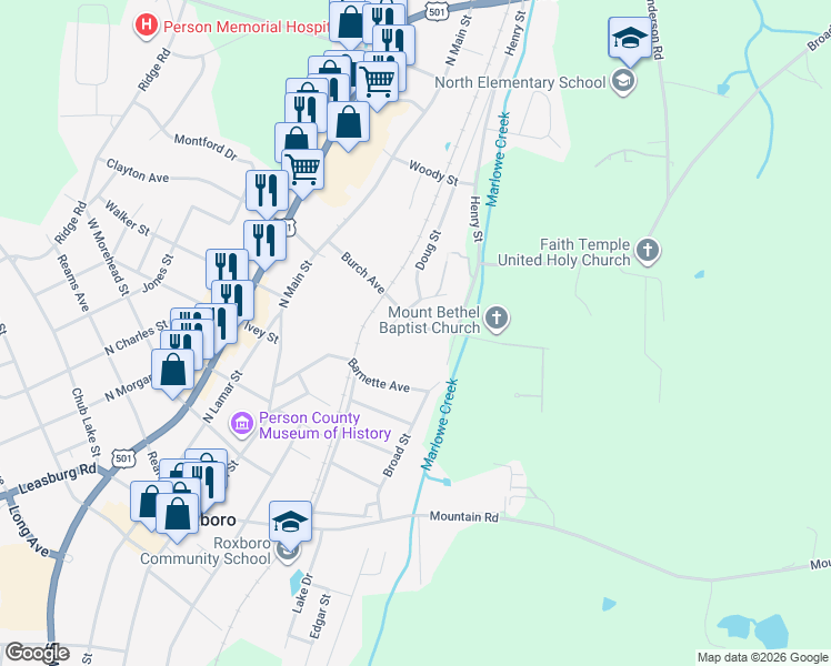 map of restaurants, bars, coffee shops, grocery stores, and more near 309 Burch Avenue in Roxboro