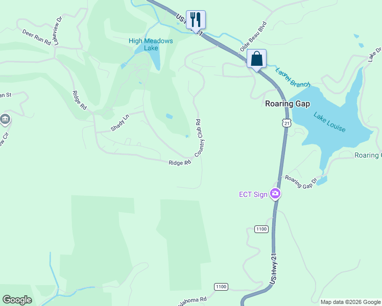 map of restaurants, bars, coffee shops, grocery stores, and more near 70 Ridge Road in Glade Valley