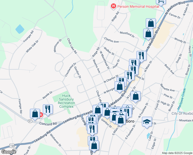 map of restaurants, bars, coffee shops, grocery stores, and more near 416 Chub Lake Street in Roxboro