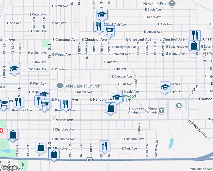 map of restaurants, bars, coffee shops, grocery stores, and more near 1506 East Maple Avenue in Enid