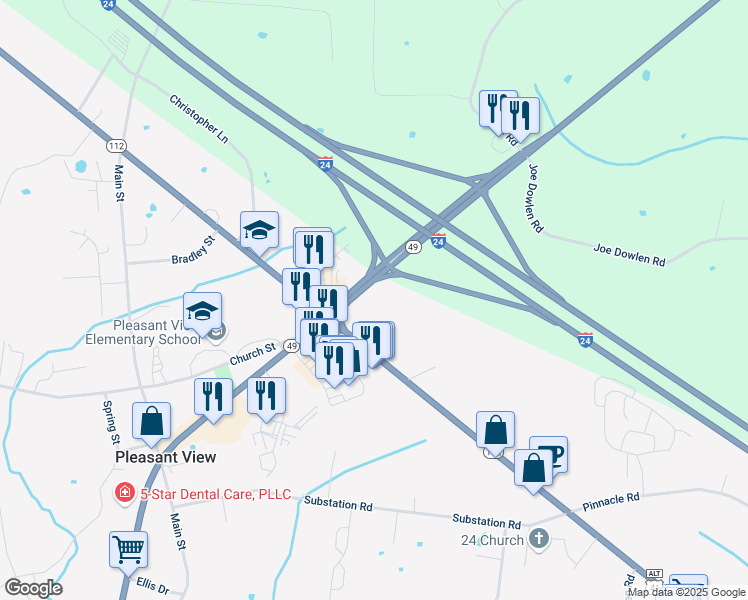 map of restaurants, bars, coffee shops, grocery stores, and more near 2606 Tennessee 49 in Pleasant View