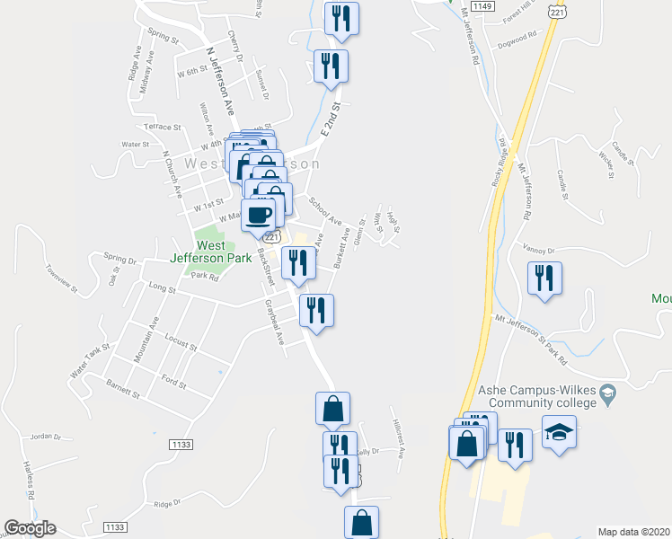map of restaurants, bars, coffee shops, grocery stores, and more near 111 Burkett Avenue in West Jefferson