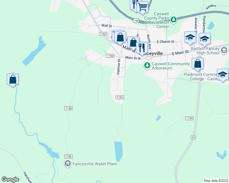 map of restaurants, bars, coffee shops, grocery stores, and more near 119 Pine Street in Yanceyville