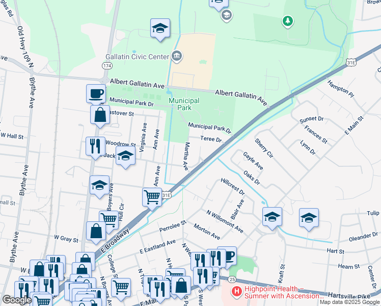 map of restaurants, bars, coffee shops, grocery stores, and more near 610 Ruth Avenue in Gallatin