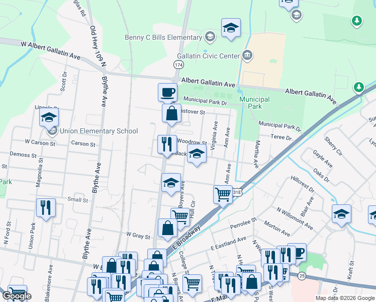 map of restaurants, bars, coffee shops, grocery stores, and more near 217 East Jackson Street in Gallatin
