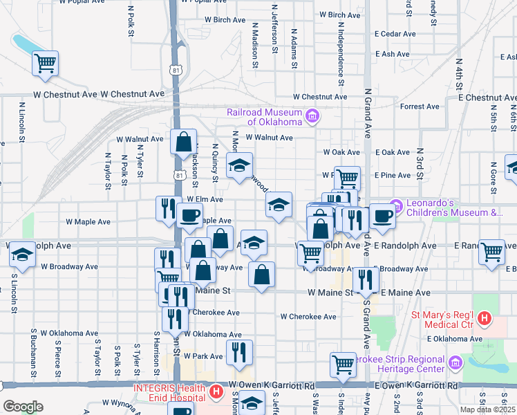 map of restaurants, bars, coffee shops, grocery stores, and more near 315 North Madison Street in Enid