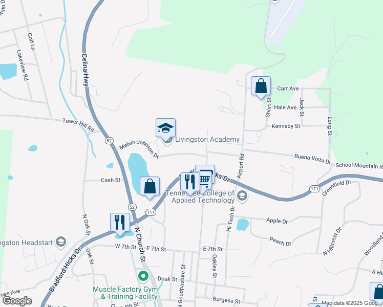 map of restaurants, bars, coffee shops, grocery stores, and more near 120 Melvin Johnson Drive in Livingston