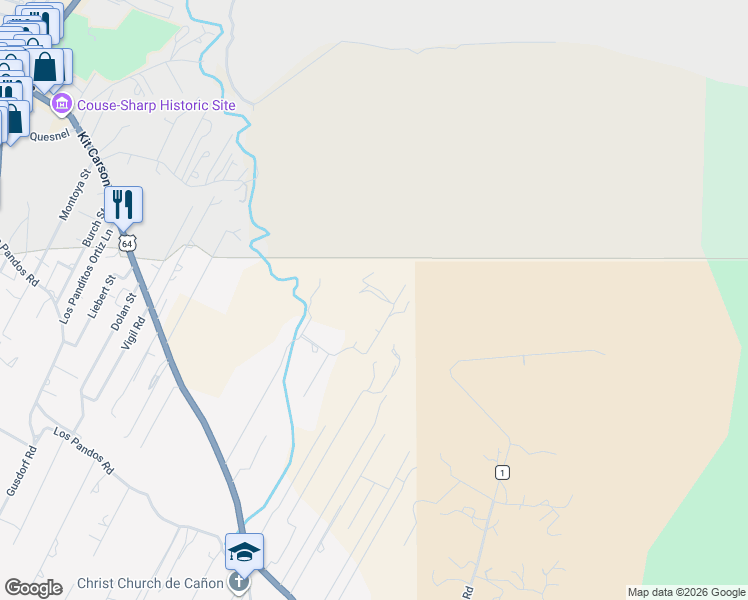 map of restaurants, bars, coffee shops, grocery stores, and more near 646 Don Nicholas Road in Taos