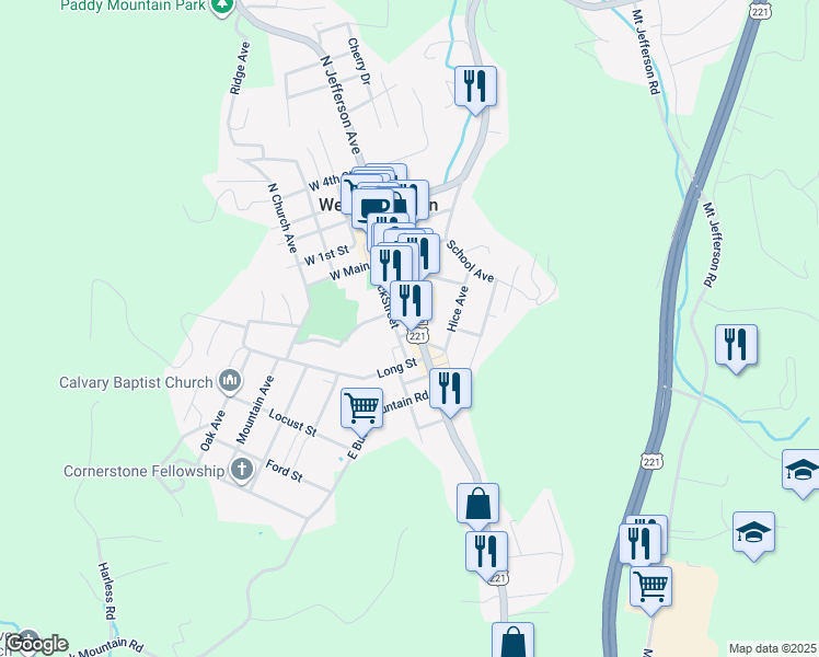 map of restaurants, bars, coffee shops, grocery stores, and more near 210 S Jefferson Ave in West Jefferson