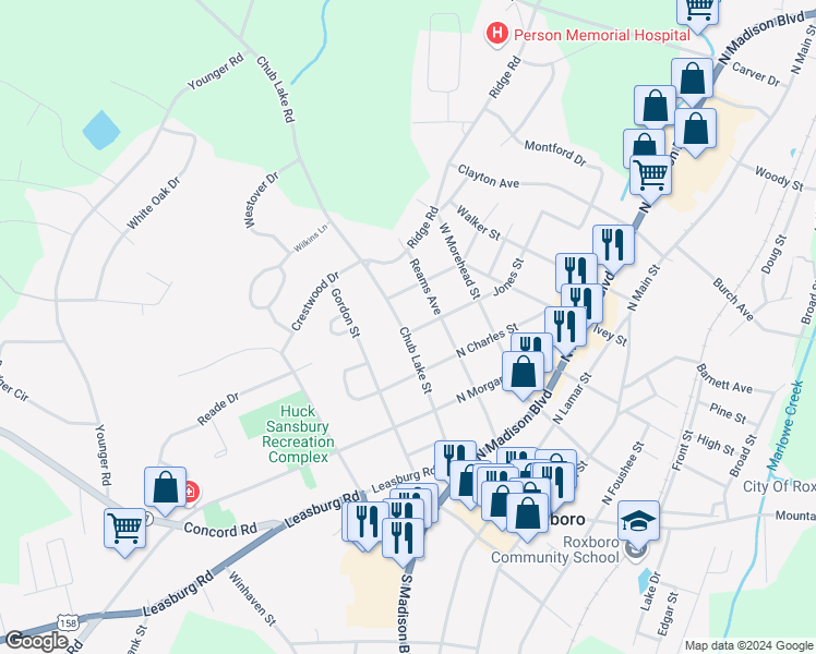 map of restaurants, bars, coffee shops, grocery stores, and more near 514 Chub Lake Street in Roxboro