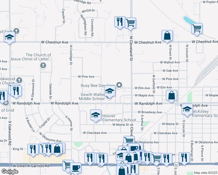 map of restaurants, bars, coffee shops, grocery stores, and more near 2604 West Randolph Avenue in Enid