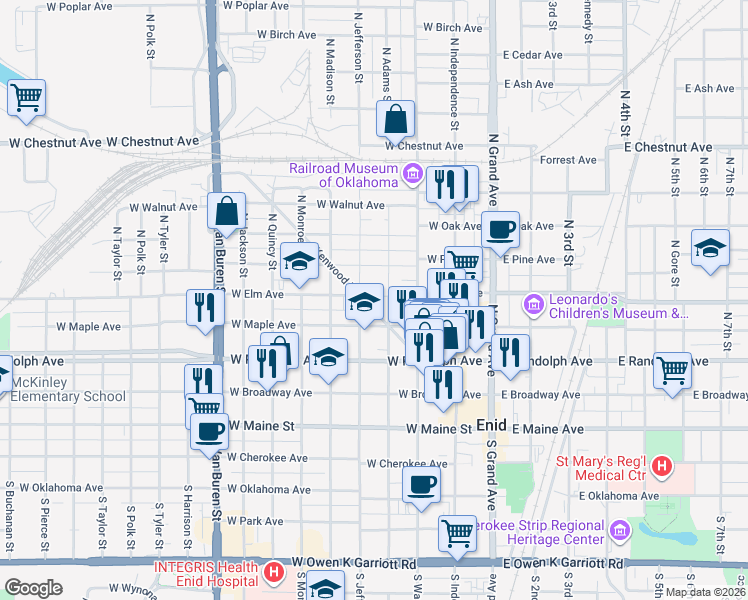 map of restaurants, bars, coffee shops, grocery stores, and more near 421 West Elm Avenue in Enid
