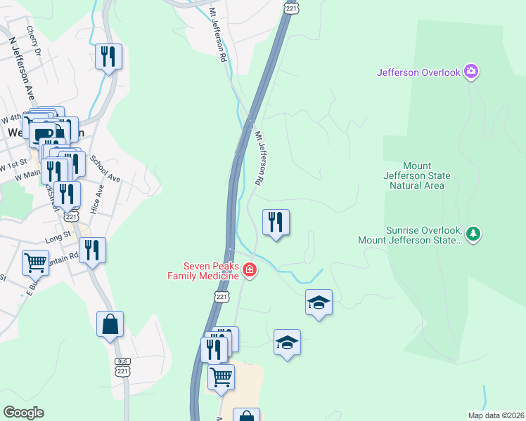 map of restaurants, bars, coffee shops, grocery stores, and more near 100-282 Vannoy Dr in West Jefferson