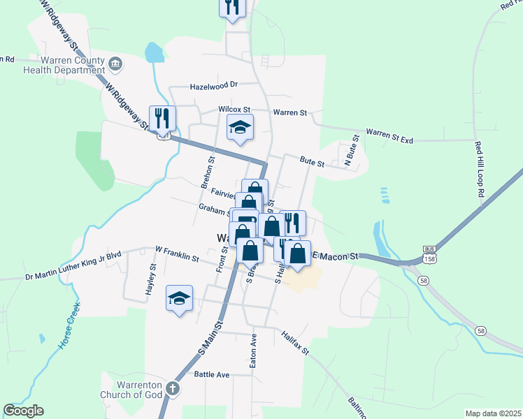 map of restaurants, bars, coffee shops, grocery stores, and more near 210 North Main Street in Warrenton