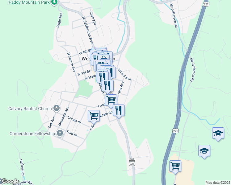 map of restaurants, bars, coffee shops, grocery stores, and more near 210 South Jefferson Avenue in West Jefferson