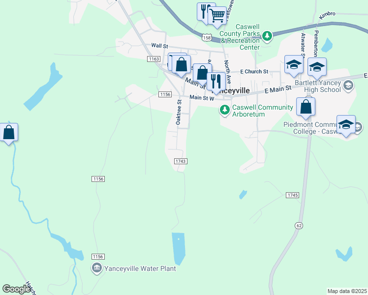 map of restaurants, bars, coffee shops, grocery stores, and more near 119 Pine Street in Yanceyville