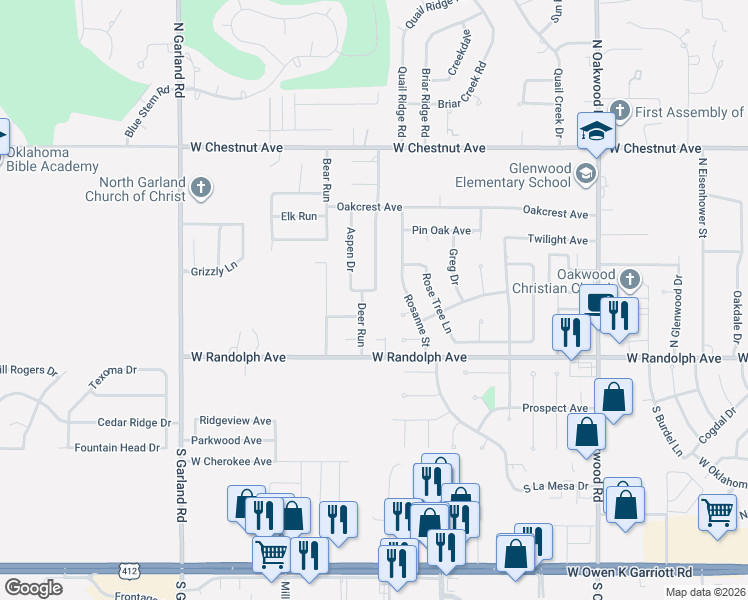 map of restaurants, bars, coffee shops, grocery stores, and more near 405 Deer Run in Enid