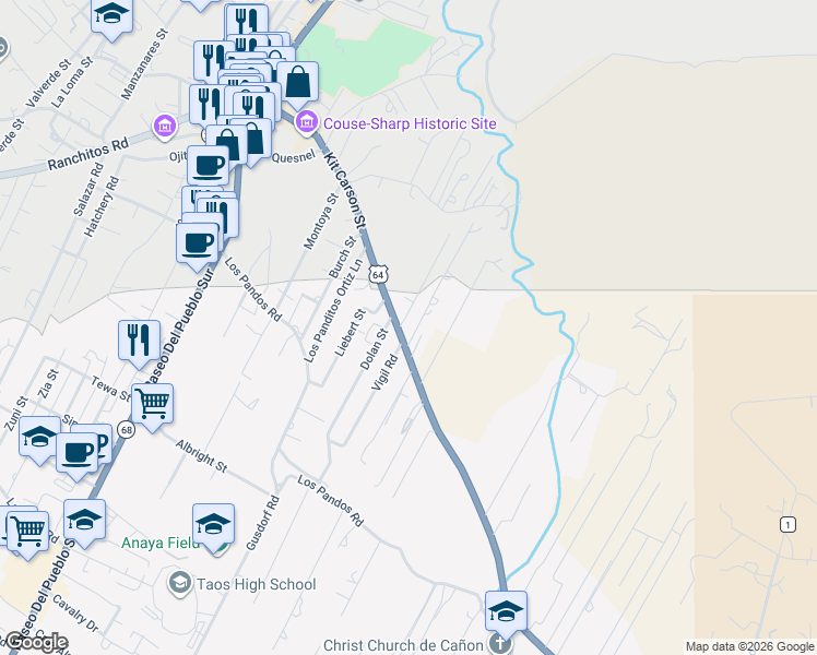 map of restaurants, bars, coffee shops, grocery stores, and more near 201-249 Simpson Street in Taos