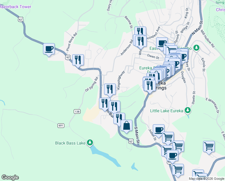map of restaurants, bars, coffee shops, grocery stores, and more near 15 Eugenia Street in Eureka Springs
