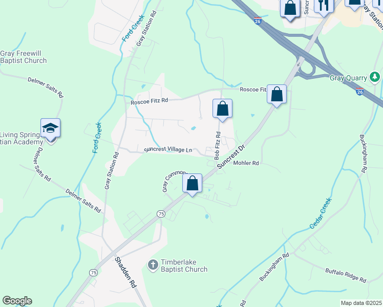 map of restaurants, bars, coffee shops, grocery stores, and more near 2137 Suncrest Village Lane in Gray