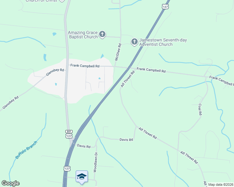 map of restaurants, bars, coffee shops, grocery stores, and more near 160 Alf Threet Rd in Jamestown