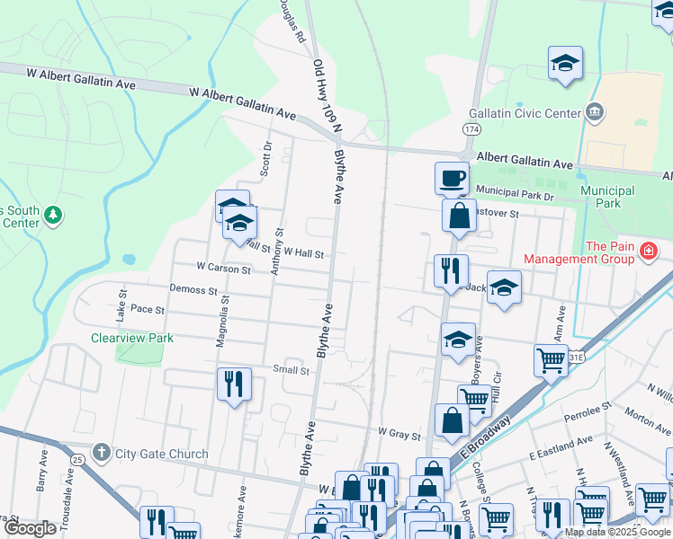 map of restaurants, bars, coffee shops, grocery stores, and more near 675 Blythe Avenue in Gallatin