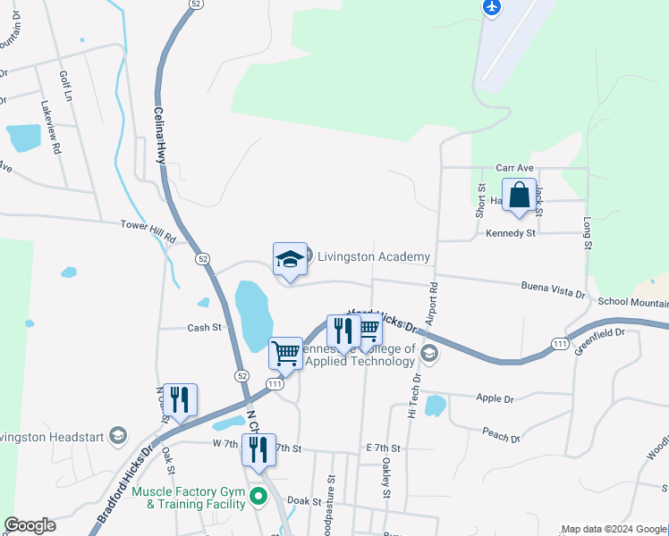 map of restaurants, bars, coffee shops, grocery stores, and more near 120 Melvin Johnson Drive in Livingston