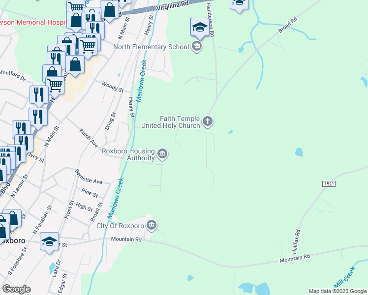 map of restaurants, bars, coffee shops, grocery stores, and more near 94 McMahon-Faulkner Road in Roxboro