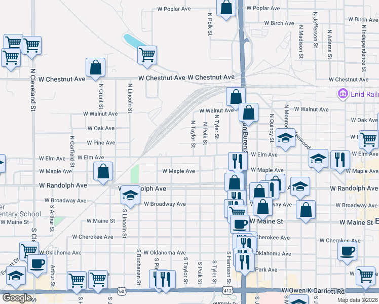 map of restaurants, bars, coffee shops, grocery stores, and more near 414 North Taylor Street in Enid
