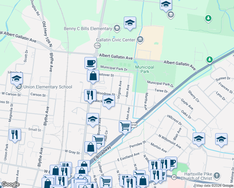 map of restaurants, bars, coffee shops, grocery stores, and more near 708 Virginia Avenue in Gallatin