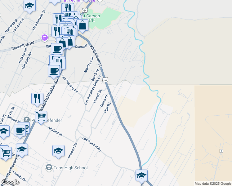 map of restaurants, bars, coffee shops, grocery stores, and more near 201-249 Simpson Street in Taos