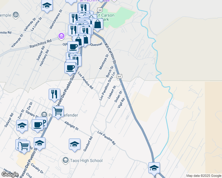 map of restaurants, bars, coffee shops, grocery stores, and more near Los Panditos in Taos