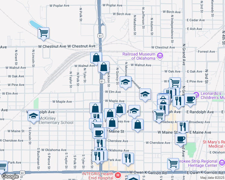 map of restaurants, bars, coffee shops, grocery stores, and more near 814 West Elm Avenue in Enid