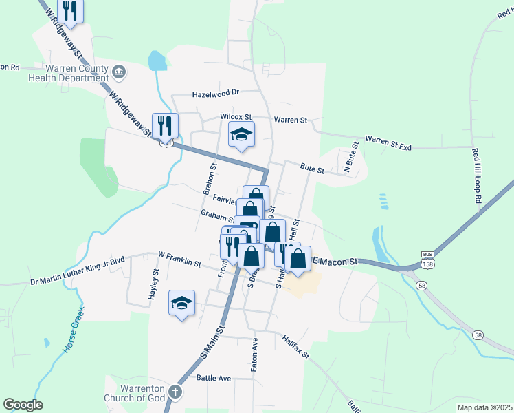 map of restaurants, bars, coffee shops, grocery stores, and more near 210 North Main Street in Warrenton