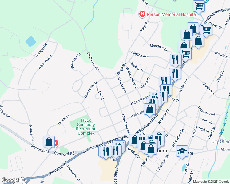 map of restaurants, bars, coffee shops, grocery stores, and more near 514 Chub Lake Street in Roxboro