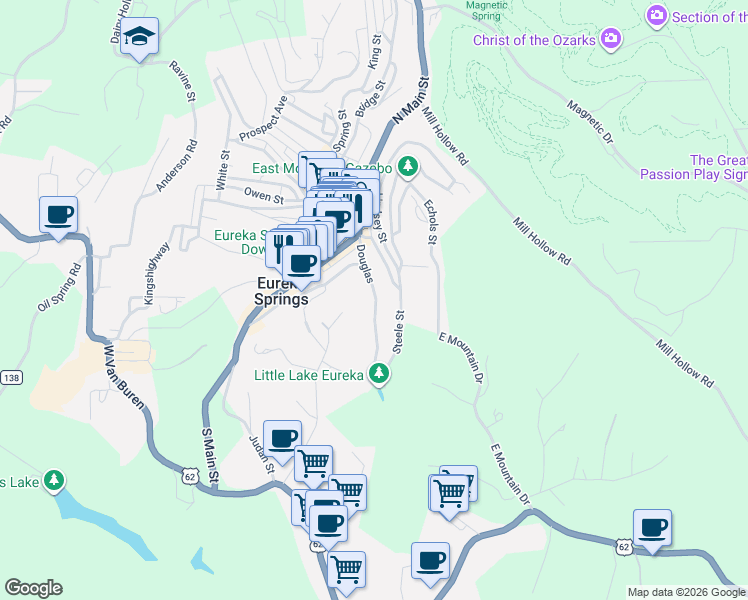 map of restaurants, bars, coffee shops, grocery stores, and more near 23 Douglas in Eureka Springs