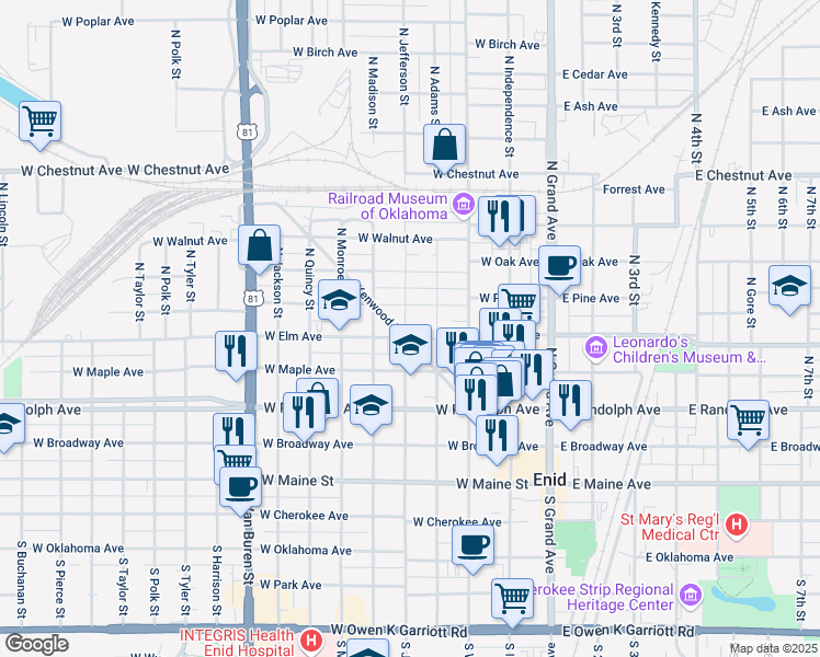 map of restaurants, bars, coffee shops, grocery stores, and more near 420 West Elm Avenue in Enid