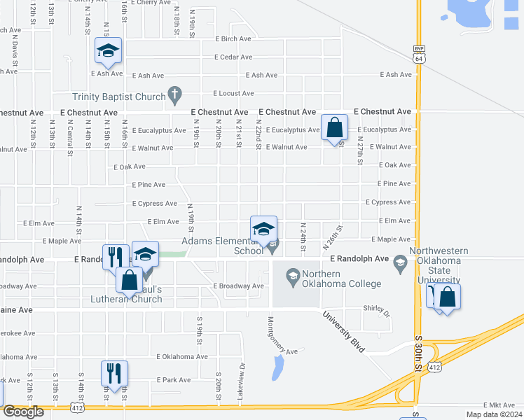 map of restaurants, bars, coffee shops, grocery stores, and more near 417 North 22nd Street in Enid
