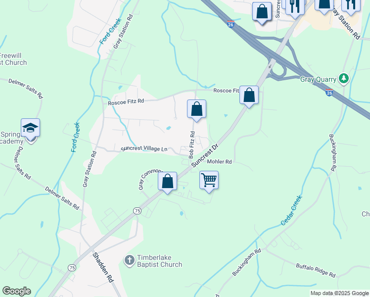 map of restaurants, bars, coffee shops, grocery stores, and more near 131 Bob Fitz Road in Johnson City