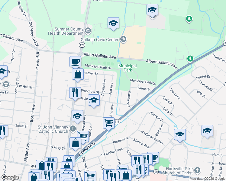 map of restaurants, bars, coffee shops, grocery stores, and more near 717 Ann Avenue in Gallatin